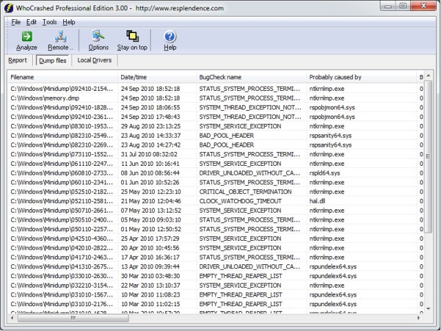 WhoCrashed dump files list view displaying all crash dumps found on the system