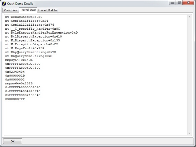 WhoCrashed kernel stack trace view showing the call stack at time of crash