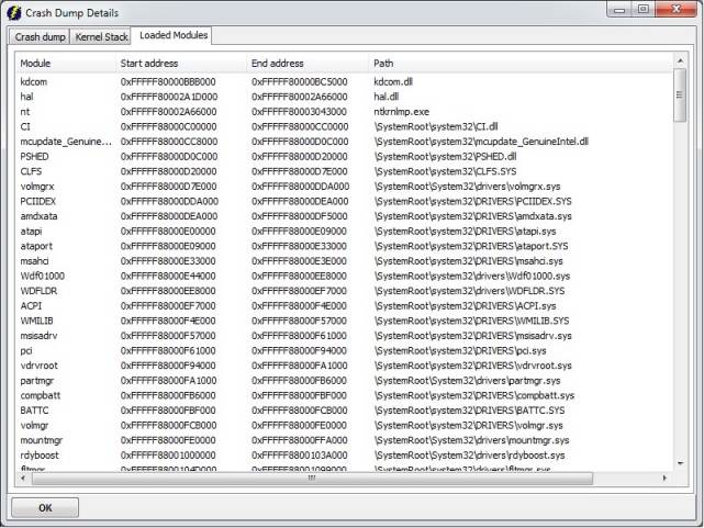 WhoCrashed loaded modules list showing all drivers loaded when the crash occurred